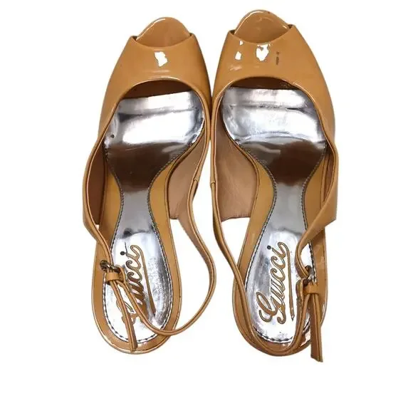Gucci Patent Leather Strafish Raffia Wedge Slingback Sz 39.5 Tan Beige Vernice